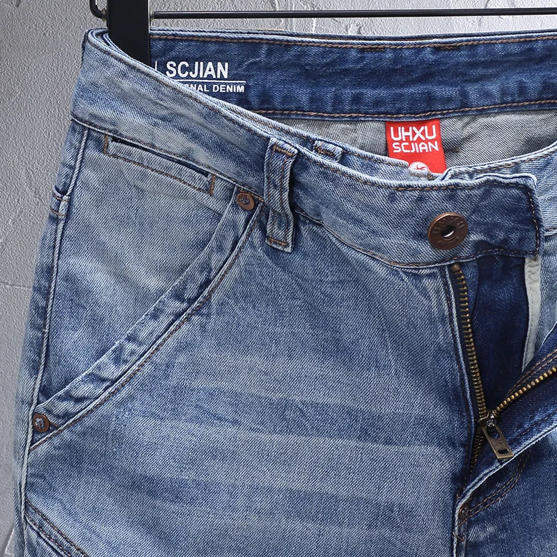 2025 Spring New Motorcycle Splicing Jeans Men's Slim Fit Small Feet Elastic Retro Grinding White Casual Pants