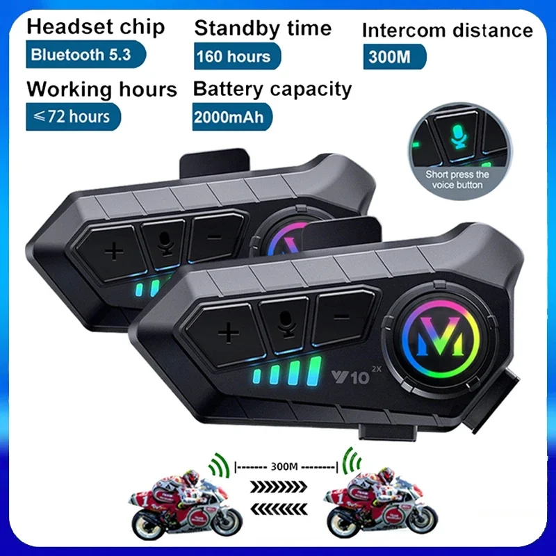 

Y10 2X Bluetooth Motorcycle Helmet Intercom 300M Wireless Intercomunicador 2000Mah Moto Walkie Talkie With Soft Hard Mic