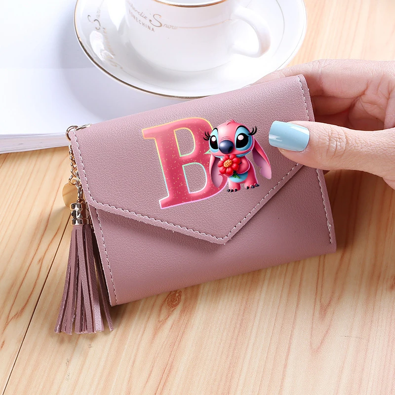 Disney Stitch Square Coin Purse Women Cartoon Letter Printed Pu Wallet Portable Mini Storage Bag Kawaii Id Card Money Clip Gifts