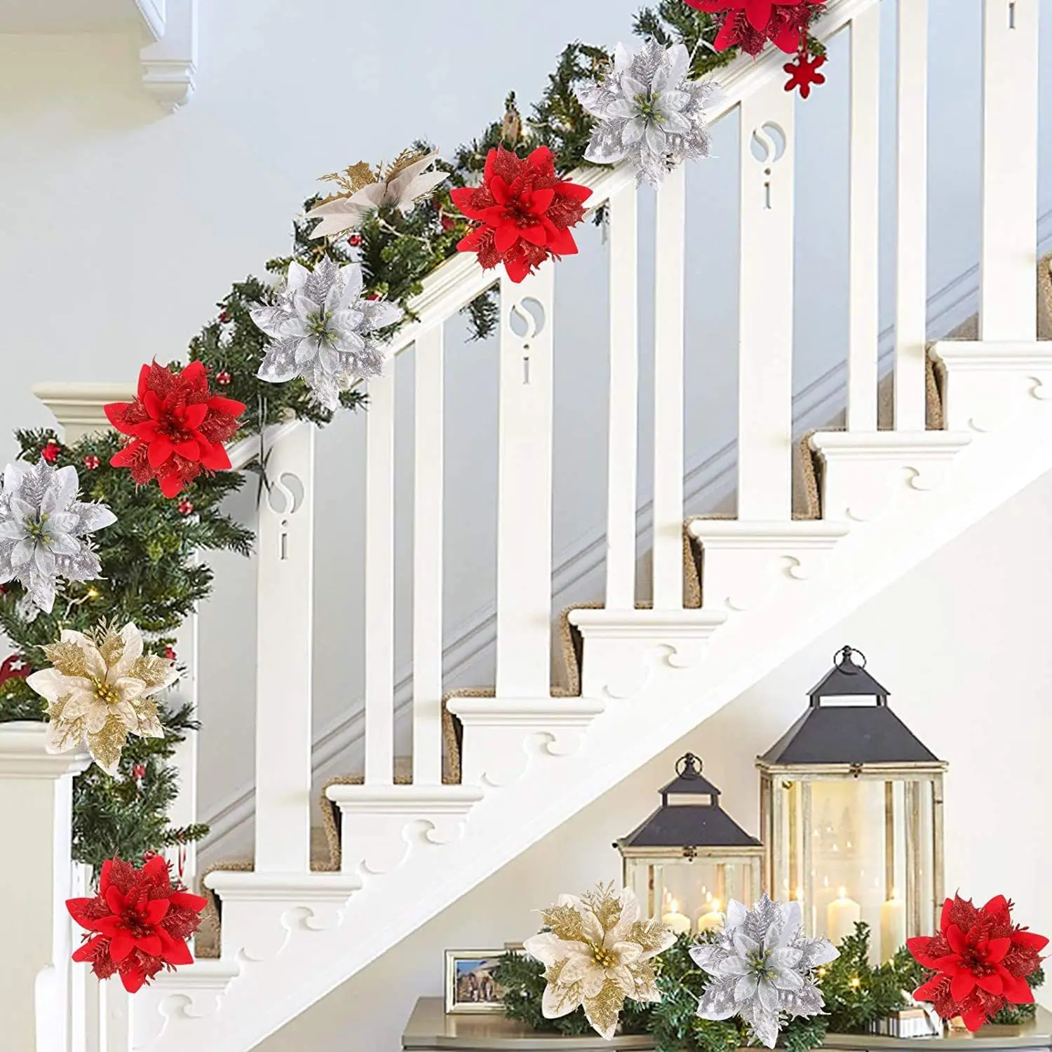 5 قطع بريق البونسيتة زهور عيد الميلاد الاصطناعية الحلي لزينة شجرة عيد الميلاد وهمية الزهور رئيس زينة عيد الميلاد #6