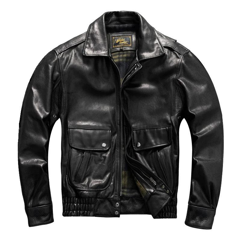 Black Autumn Pilot Leather Jacket Men Retro Style Europe Size Genuine Natural Cowhide Military Flight Leather Coat