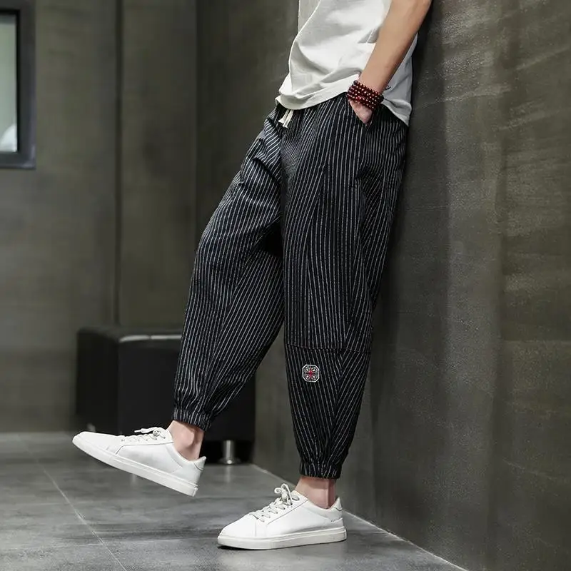 Spring Summer Fashion High Waist Men's Clothing Solid Color Tie Feet Slimming All Match Pockets Solid Cotton Line Casual Pants