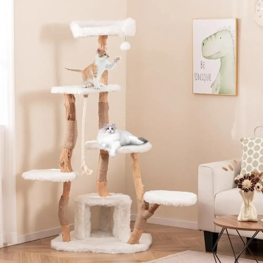 Safe High Quality Modern Wooden Cat Tower With Posts, Perch, Condo, Sisal Rope, Dangling Ball, Soft