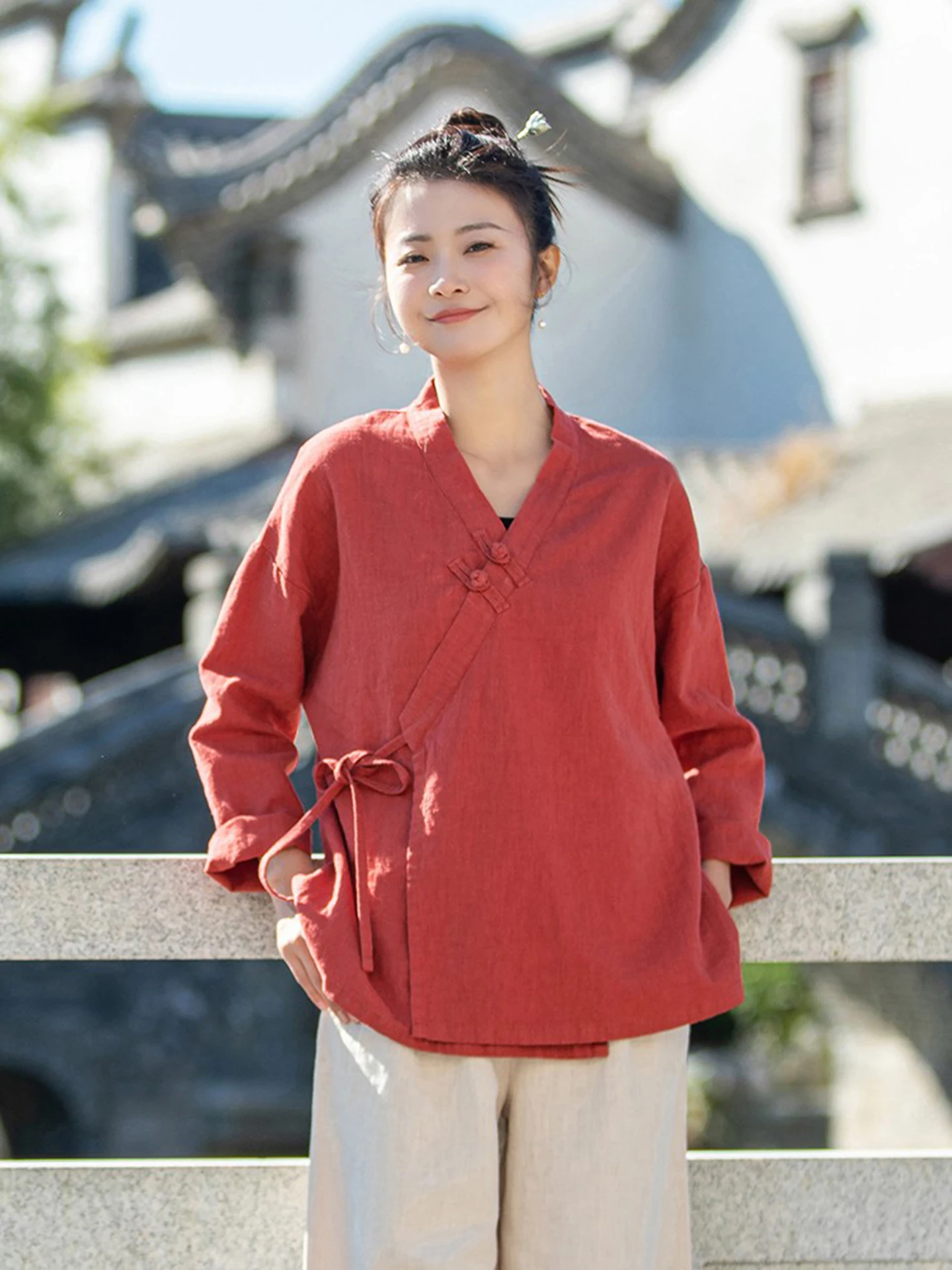 New 2026 Women's Cotton Linen Tea Costume V-neck Button Retro Ethnic Style Top Asymmetrical Hanfu Zen Meditation Clothes