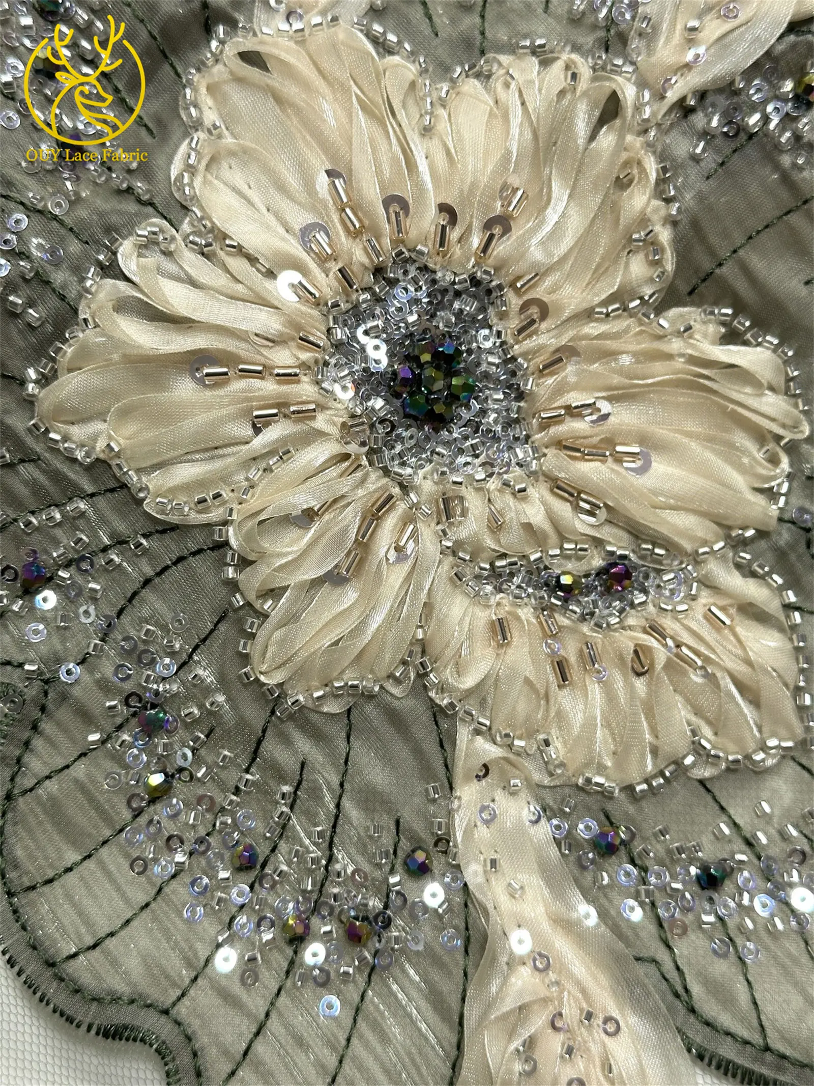 Marineblauer, wunderschöner afrikanischer Spitzenstoff mit Perlen und Pailletten, 3D-Blume, nigerianischer hochwertiger Tüll-Mesh-Spitzenstoff für Ballkleider, 5Y – Detail 17