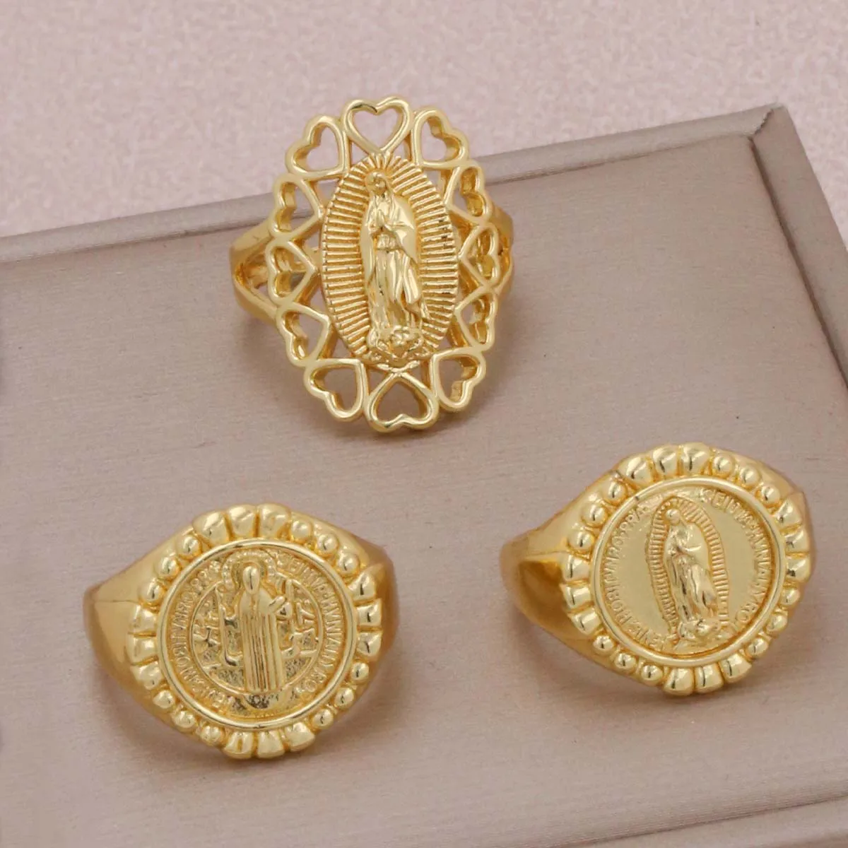 Christian Virgin Mary Plated Gold Copper Open Adjustable Ring Simple and Versatile Women Daily Wear Jewelry