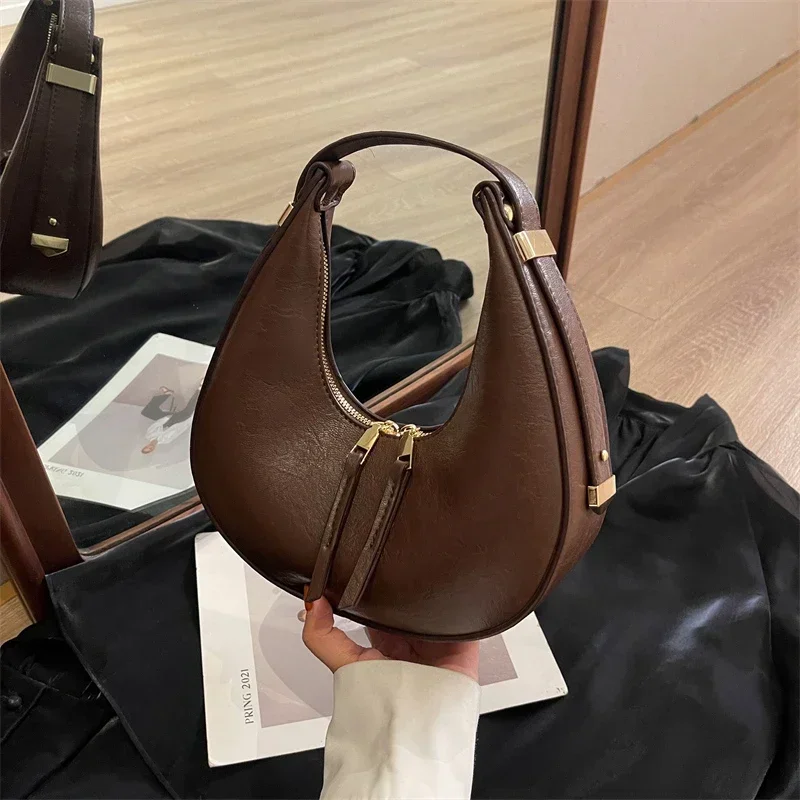 Sac à Main en PU Solide avec Fermeture Éclair pour Femme, Mini Fourre-Tout Souple et Polyvalent, à Motif de Croissant, Simple et à la Mode, Nouveauté 2024