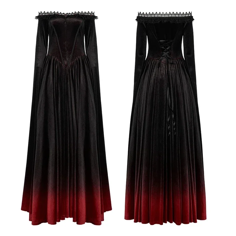 PUNK RAVE Women\'s Gothic Gradient Velvet Nobility Long Gown Off Shoulder Dreamy Distinctive Split Sleeves Party Club Dress