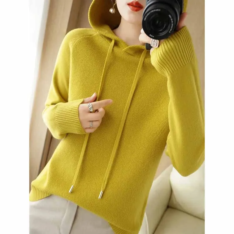 

Female Spring Autumn New Leisure Knitwear Thickening Sweater Women Loose Fitting Hooded Mesh Surface Knitwear Pullover Sweater