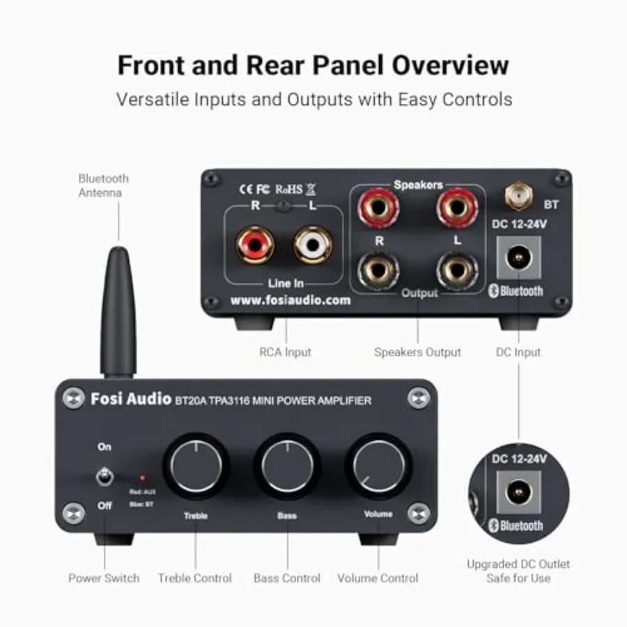 BT20A Bluetooth Stereo Amplifier, 2 Channel Home o Component Amplifiers for Passive Speakers, Mini Class D Amp Receiver 200W fo