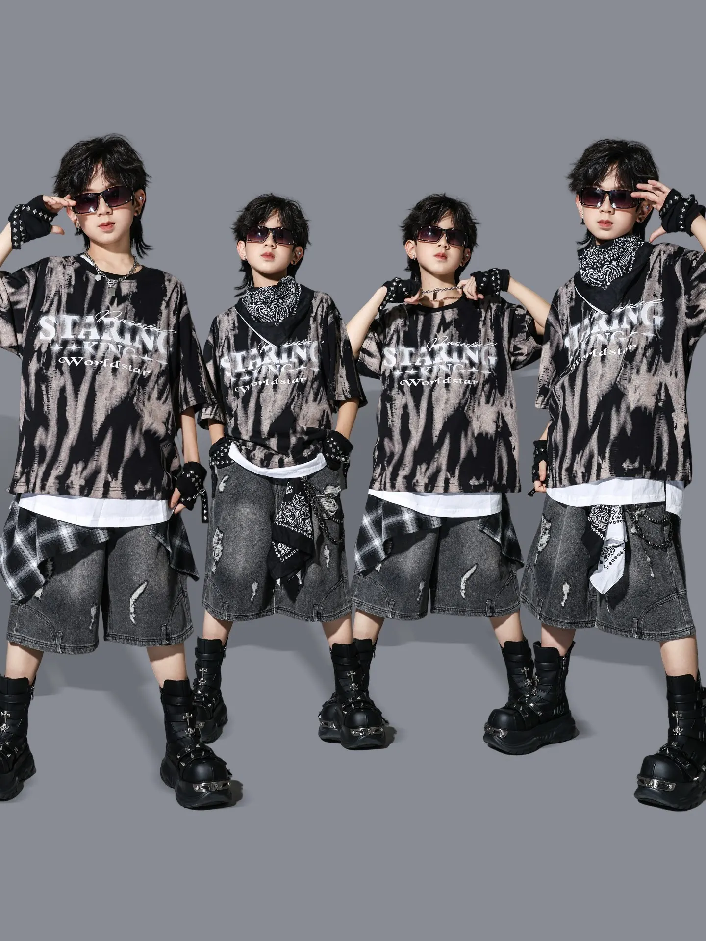 

Одежда в стиле хип-хоп для мальчиков, футболка с короткими рукавами, шорты, летний танцевальный костюм с замком для барабана, одежда для выступлений на сцене, BL16332