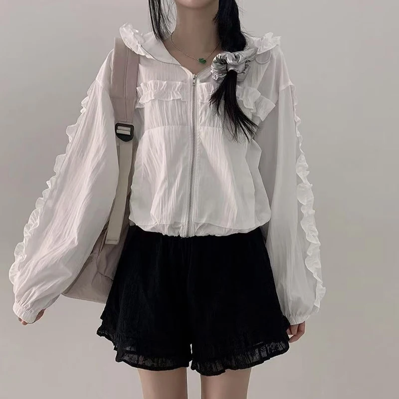 

Chic Autumn New Sle Long Sve Women's Jaet Patchwork Decorative Earlet Lace Trim Dstring Versatile Outerwear