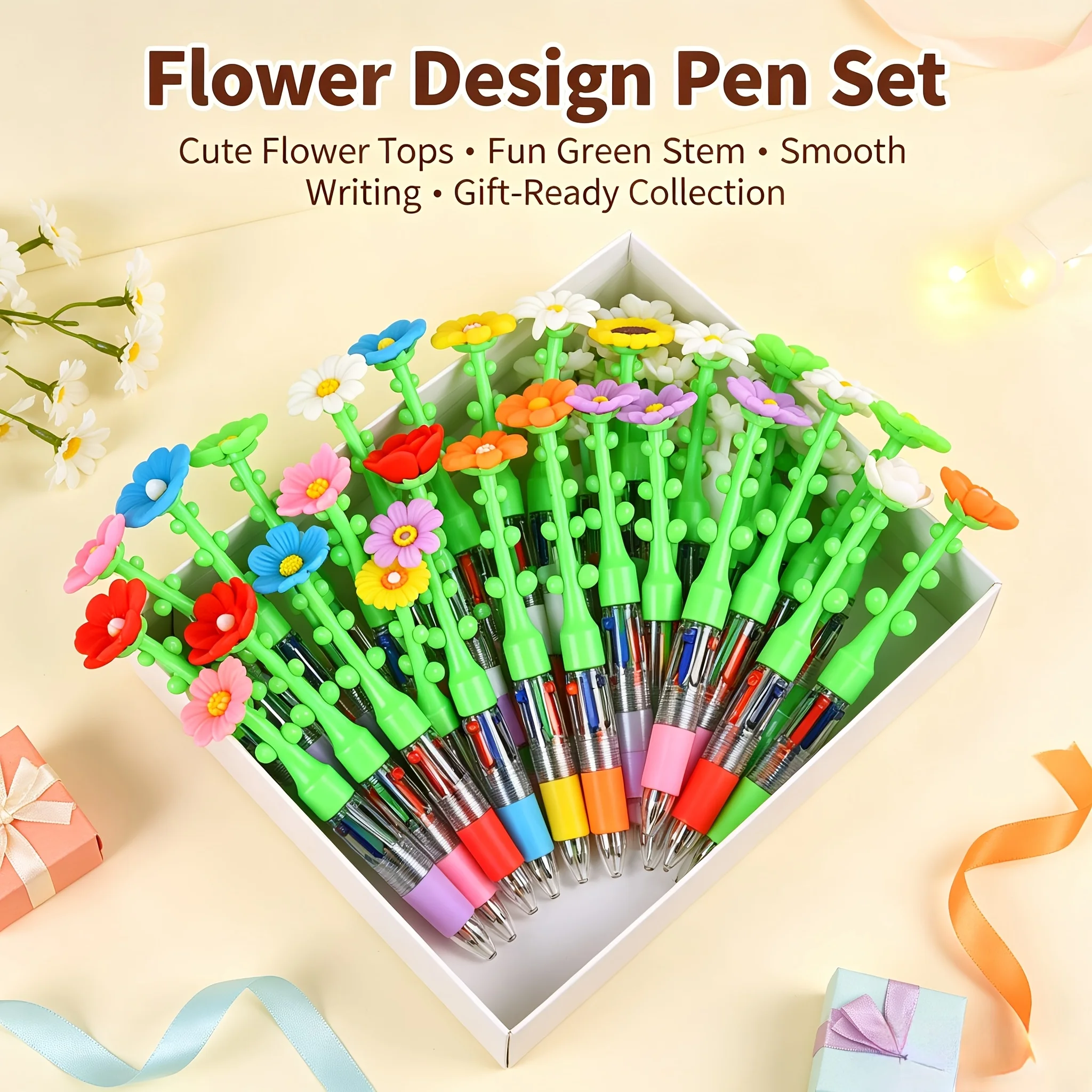 10 pcs Four-in-One Ballpoint Pen with Creative Simulated Flower Stem and Flower Design Cute Three-Dimensional Small Flower