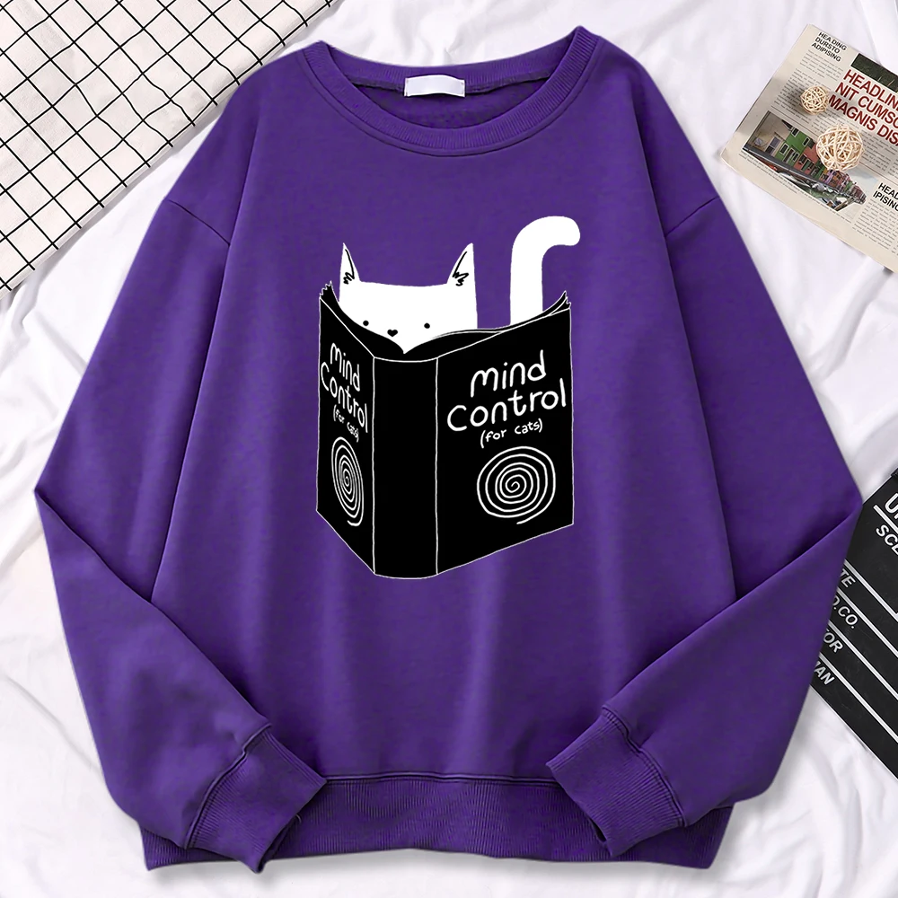 Autumn Winter Women Pullover Cats Mind Control Book Printing Hoodie Loose Comfortable Sweatshirt Fleece All-Math Female Clothes