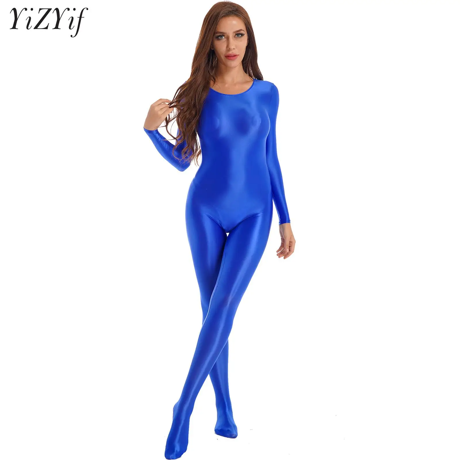 Kobiety błyszczący olej z długim rękawem kombinezon na całe ciało rajstopy kombinezon Bodystocking joga gimnastyka bielizna modelująca Catsuit rajstopy