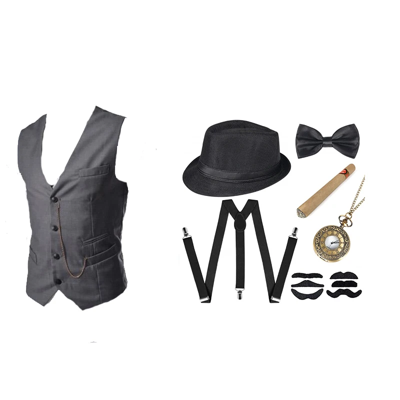 1920s Men Costume Accessories Set Steampunk WaistCoat Gangster Vest Pocket Watch 1920s Men Gatsby Cosplay Beard