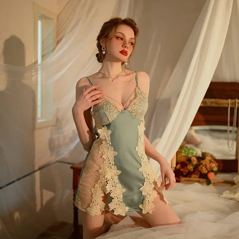 

Strap Nightdress Women Sleepwear Nighty Gown Bathrobe Sexy Lace Nightgown Lingerie Summer Casual Rayon Home Wear Clothing d