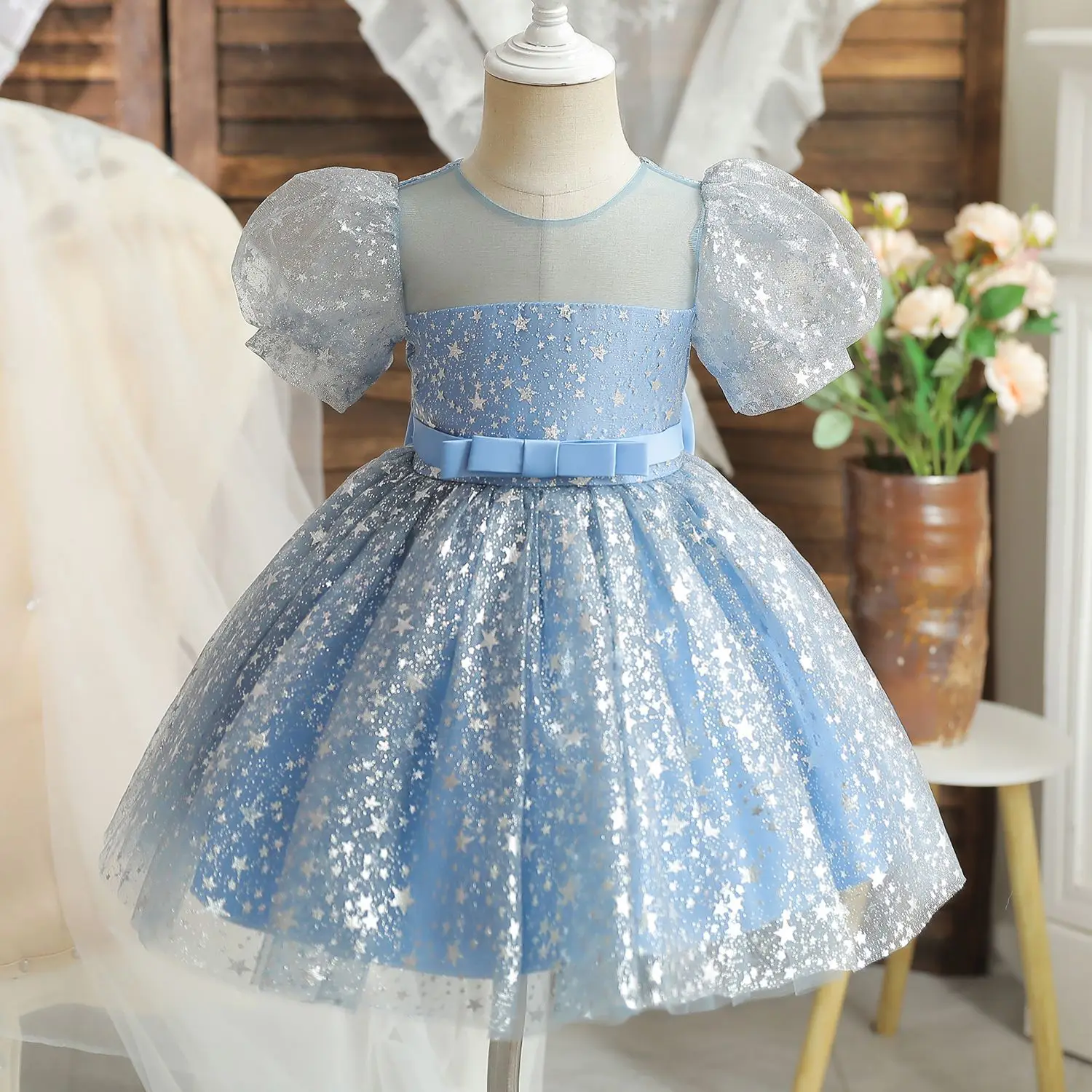 

New Summer Toddler Girl Dress Round Collar Short Sleeves Starry Sky Sequined Princess Dress Kids Birthday Walk Show Clothing