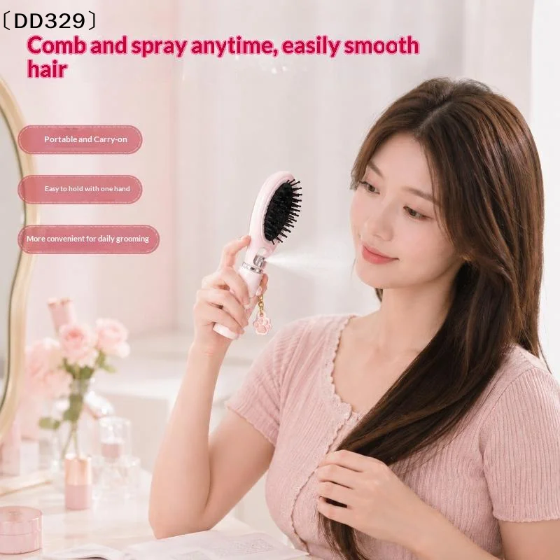 Refillable 2in1 Spray Misting Hair Brush With Cat Paw Pendant Water Mist Spray Anti-static Smooth Hair Styling Tool Women〔DD329〕