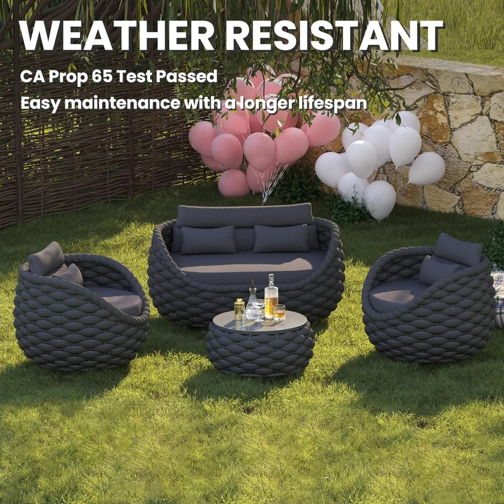 Aluminum Courtyard Furniture 4-piece Set, Woven Rope Outdoor Conversation Sofa Set Assembly, Modern Soft Cushion Armchair Set