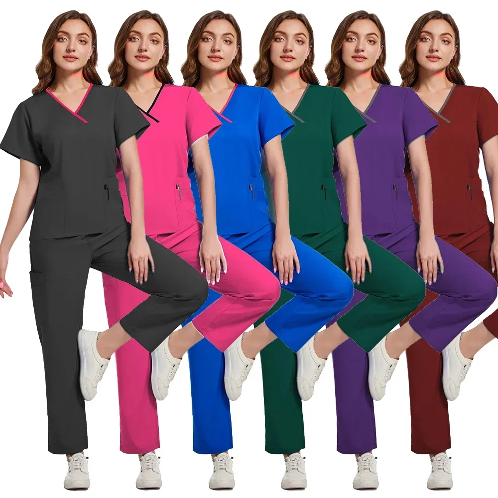 Elastic Quick Drying Scrub Uniforms High Quality V-neck Tops Pants Scrubs Set Spa Uniforms Unisex Work Clothes Medical Suits