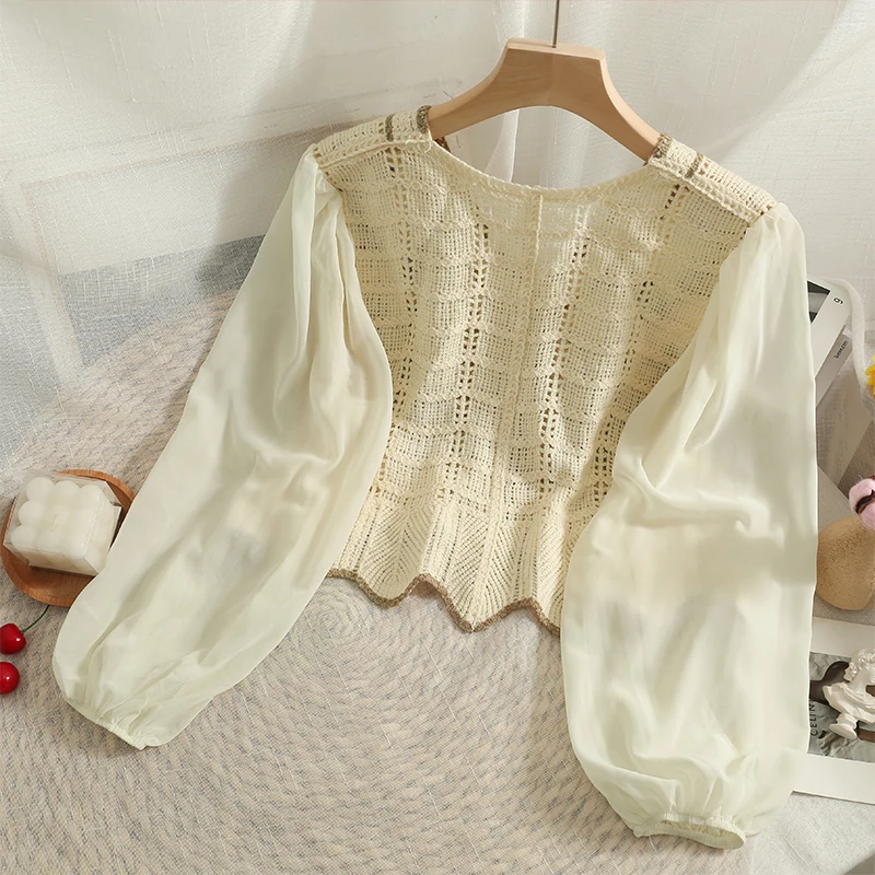 OUMEA Women Sweater Knit Blouse V Neck Crochet Panel Inserted Floral Embroidery Tops Buttons Front Chiffon Sleeve Casual Tops