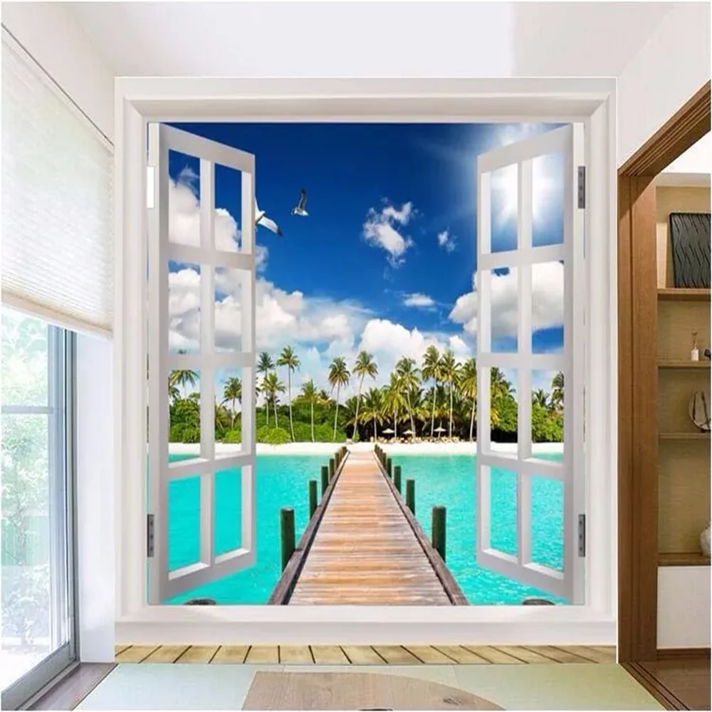 custom photo wallpaper 3d flooring wall paper Nature background Beach Ocean View window blue sky clouds large mural painting