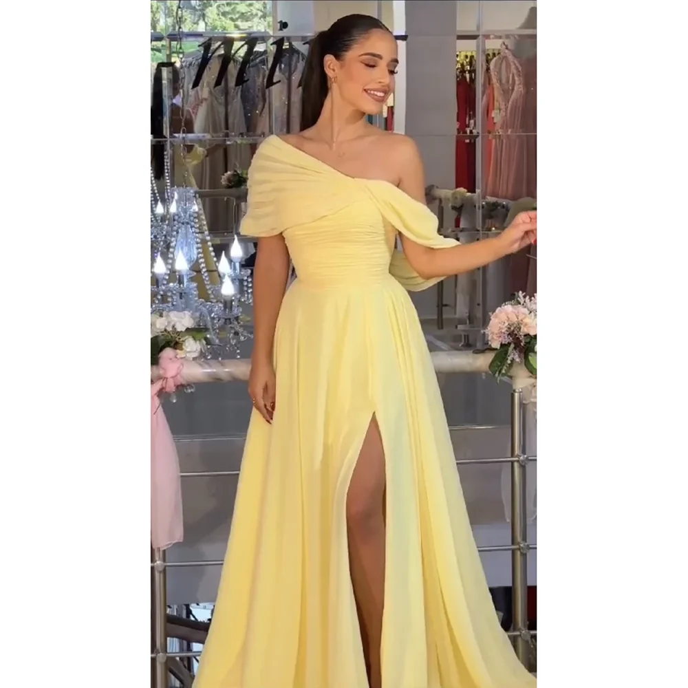 

Yellow Evening Dress for Women 2025 Pleated Chiffon One Shoulder Floor Length Party Dresses Thigh Slit Evening Gowns Customized