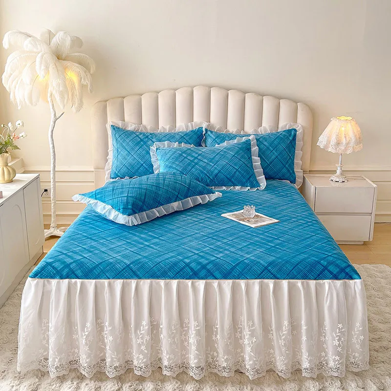 

2025 new solid color Class A milk fleece double-layer lace skirt bed skirt three-piece set bedding simple bed skirt