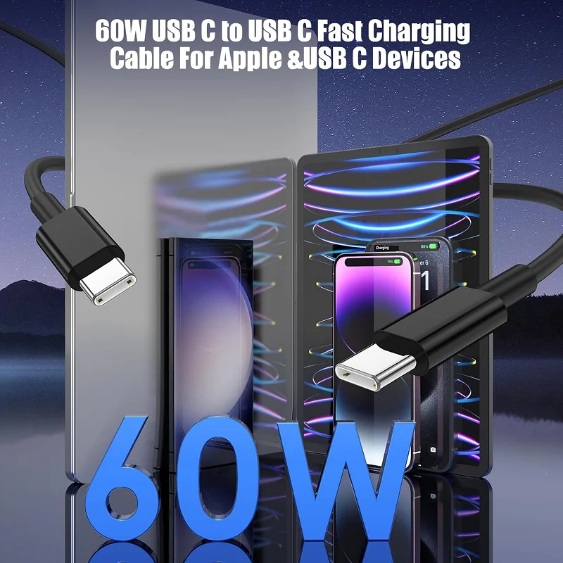 PD 60W Fast Charging Cable USB-C to Type C For IPhone 16 15  Samsung Xiaomi Huawei  Type C Data Line White Black 1M 2M 3M