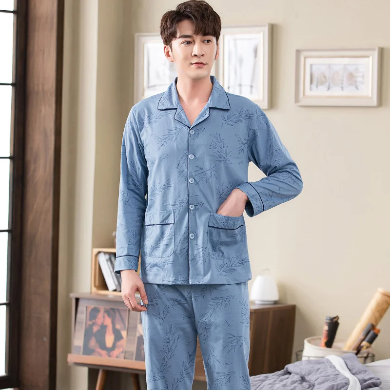 Men's print pajamas long sleeve cotton spring and autumn cardigan pajamas men's elegant big yards 4XL household suit men's youth