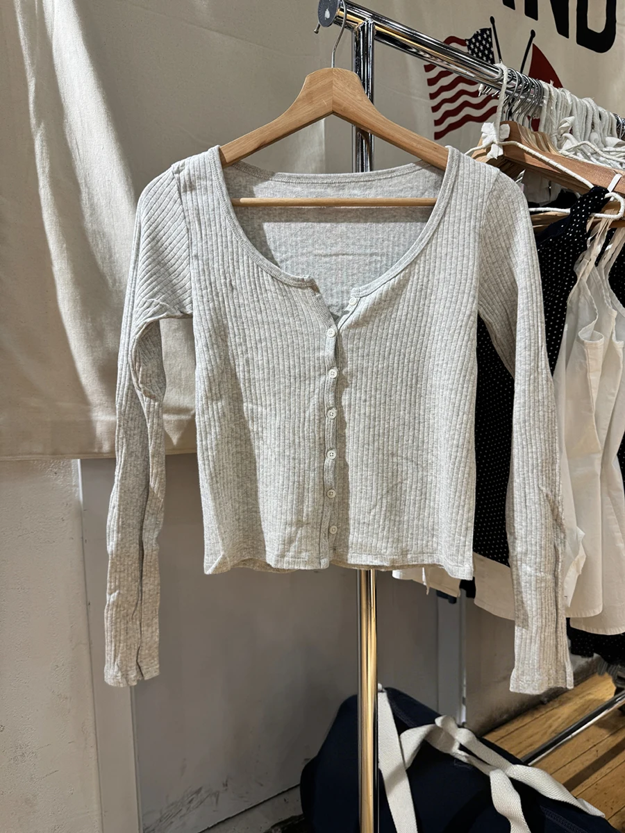 

Oatmeal Ribbed Slim Long Sleeve T-shirt Women Autumn Scoop Neck Single Breasted Cardigan Tees Sweet Casual Simple Crop Tops New