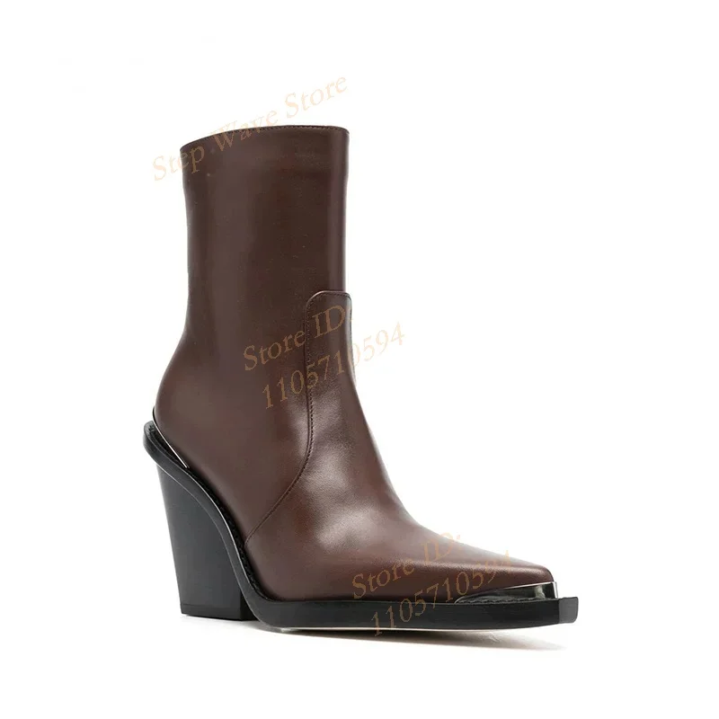 Brown Matte Leather Chunky Heel Ankle Booties Pointy Toe Slip On Runway 2026 Winter Autumn Women Dress Shoes Handmade