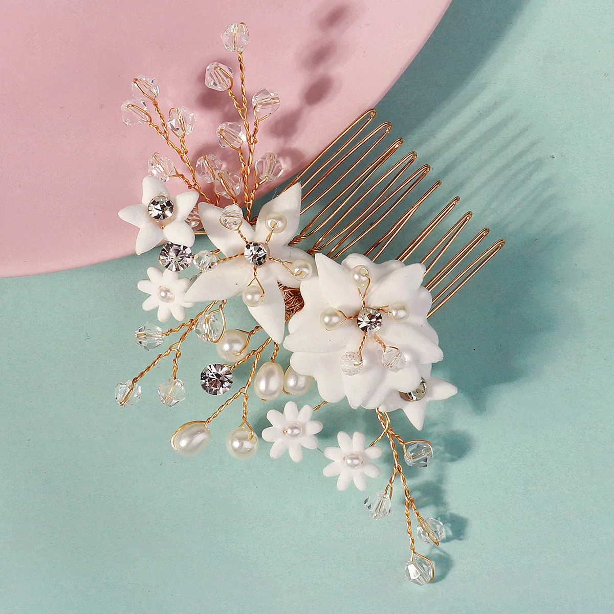 Elegante weiße Polymer Clay Blumen Damen Haarkämme Mode Kristall Perle Haarnadeln Braut Hochzeit Kopfschmuck Schmuck – Detail 17