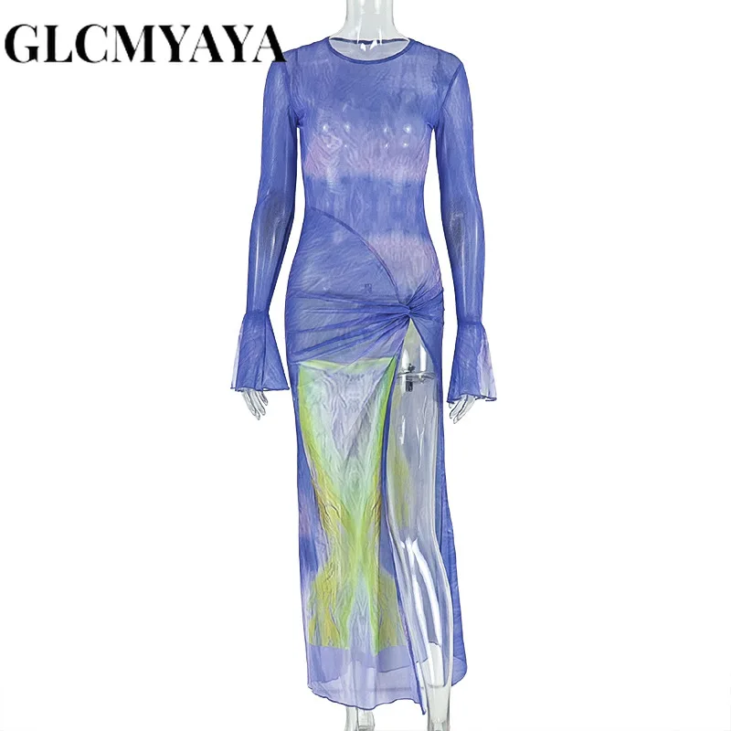 CM.YAYA المرأة التعادل صبغ مضيئة كم طويل ثنيات عالية الجانب سبليت ميدي ماكسي فستان طويل 2025 عيد ميلاد مثير نادي الحفلات حتى فساتين