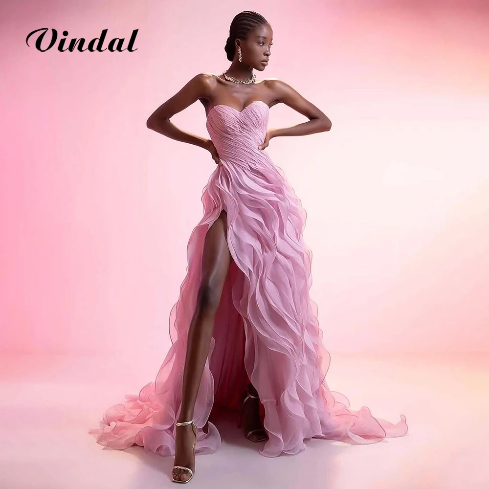 Sukienki wieczorowe Vindal Pink bez ramiączek, plisowane, dla kobiet, z falbanami, warstwowe, z rozcięciem z boku, w kształcie litery A, sukienki na studniówkę, suknie wieczorowe, szyte na miarę.
