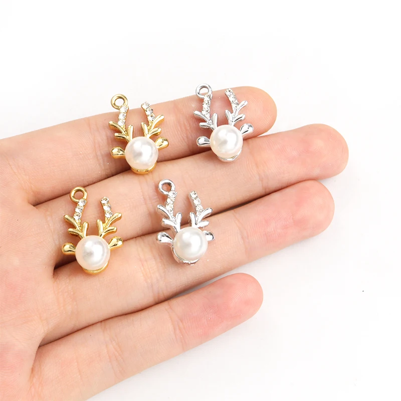 10pcs Exquisite Christmas Elk Pearl Crystal Charms Fashion Deer Pendant for DIY Earrings Necklace Sweet Xmas Jewelry Accessories