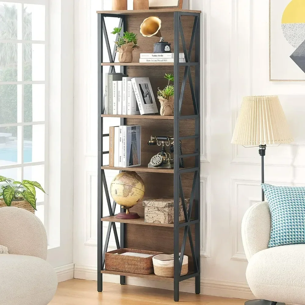 6-Tier Bookshelf, Rustic Wood & Metal Bookcase, Freestanding Open Bookshelf, Industrial Bookcase for Living Room, Vintage Brown