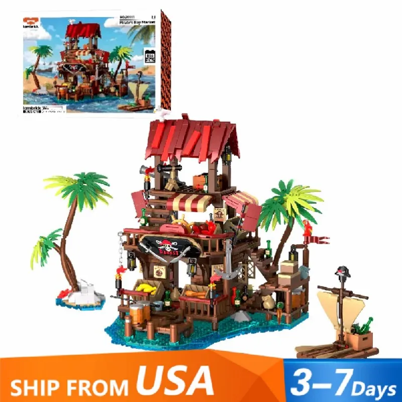 

856 шт. MOC пиратский заливной рынок, модель, средневековая док-габор, модульные строительные блоки, кирпич, сделай сам, развивающие сборные игрушки, подарки для детей