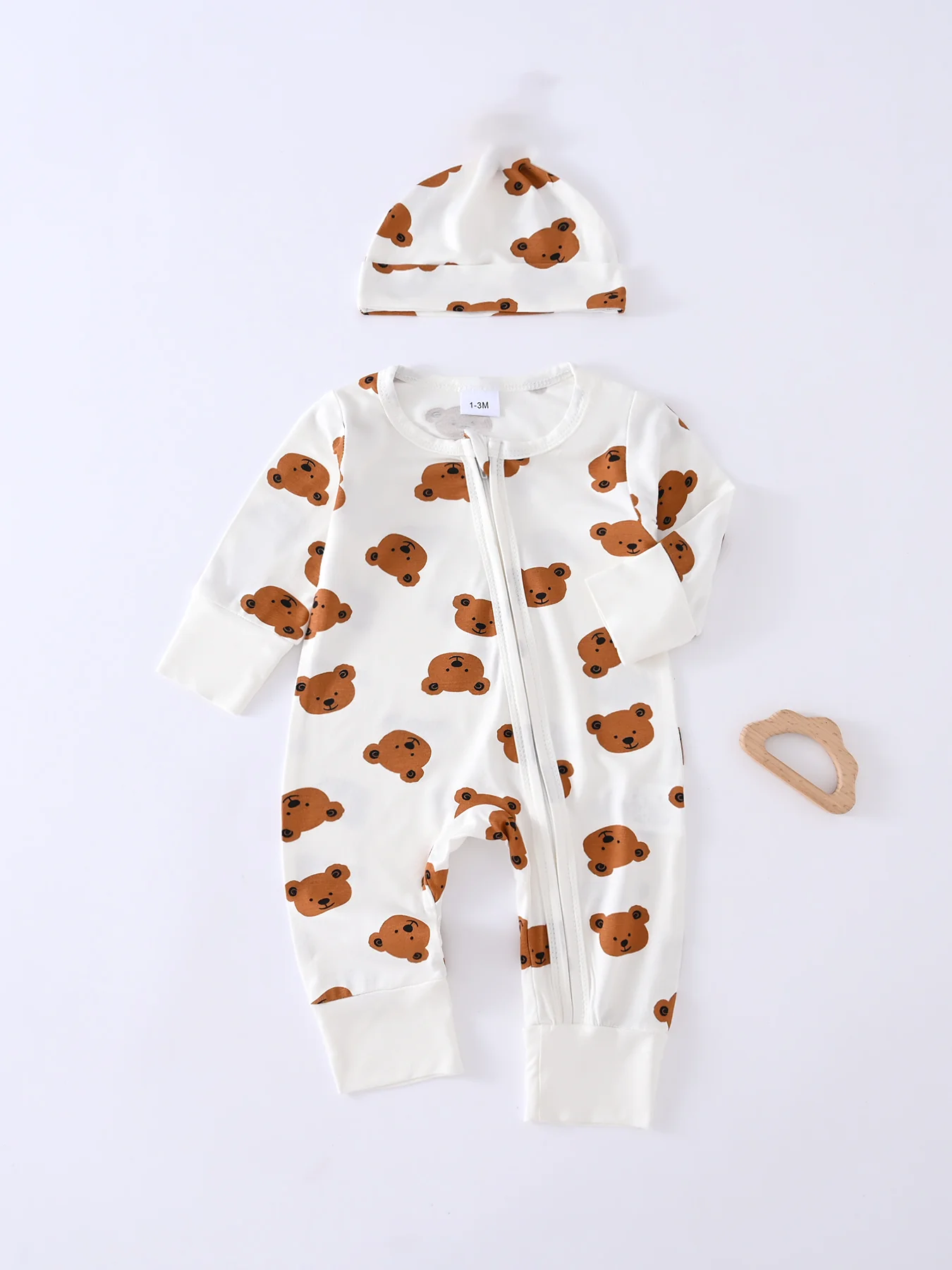 

2Pcs Baby Hat+Bodysuit Bear Pattern Zipper Model Two Piece For Four Seasons Set Of Boys And Girls Newborn Gift