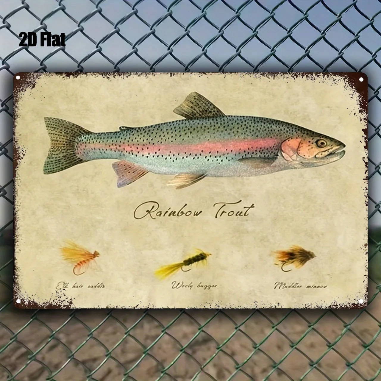 Metallschild „Angeln“ – Regenbogenforelle & Fliegenfischen-Dekoration – Robuste Eisenkonstruktion – Identifikation von Forellenspezies – Vintage