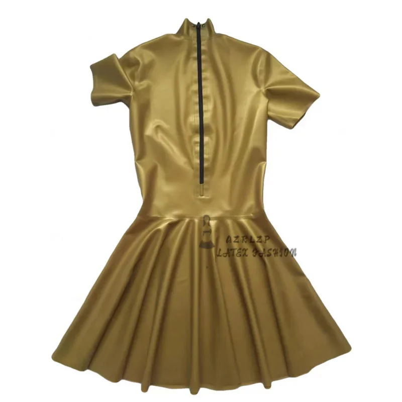 Sexy Gold Latex Dress Back Zipper Short Sleeves Rubber Bodycon Playsuit