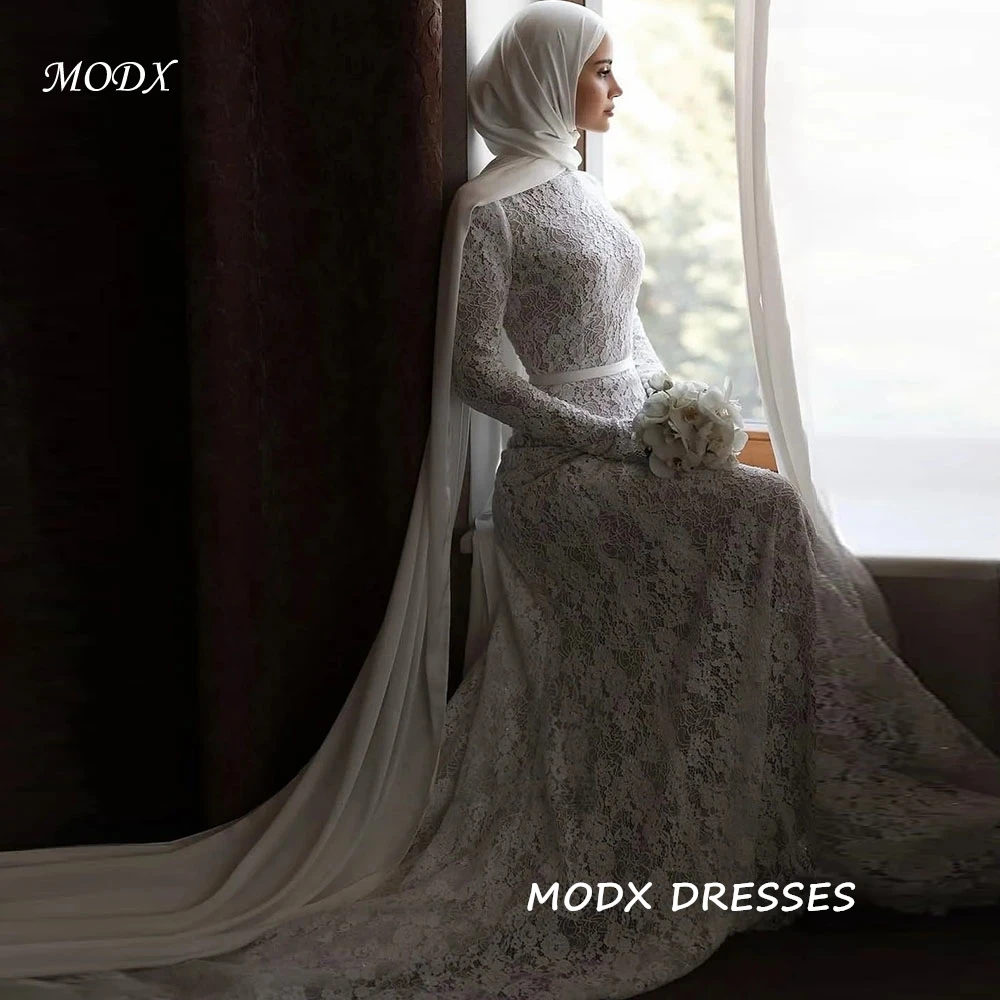 MODX Muslimische Spitzen-Brautkleider mit hohem Kragen, langen Ärmeln, Meerjungfrauen-Schnitt, Schleppe, elegantes Brautkleid, individuell anpassbar 2026