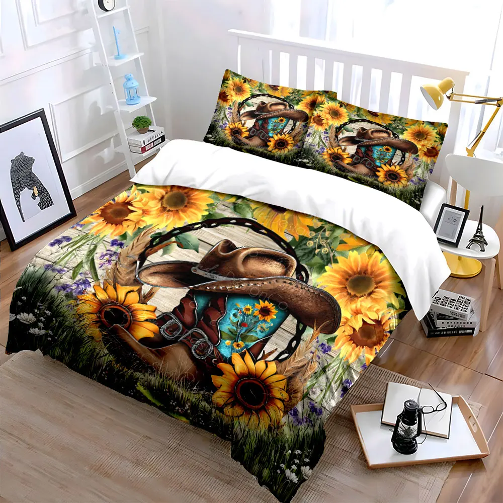 Rustic Cowboy Floral Set Bedding Set with 1 Duvet Cover 2 Pillowcases Single Double King Queen, Gift