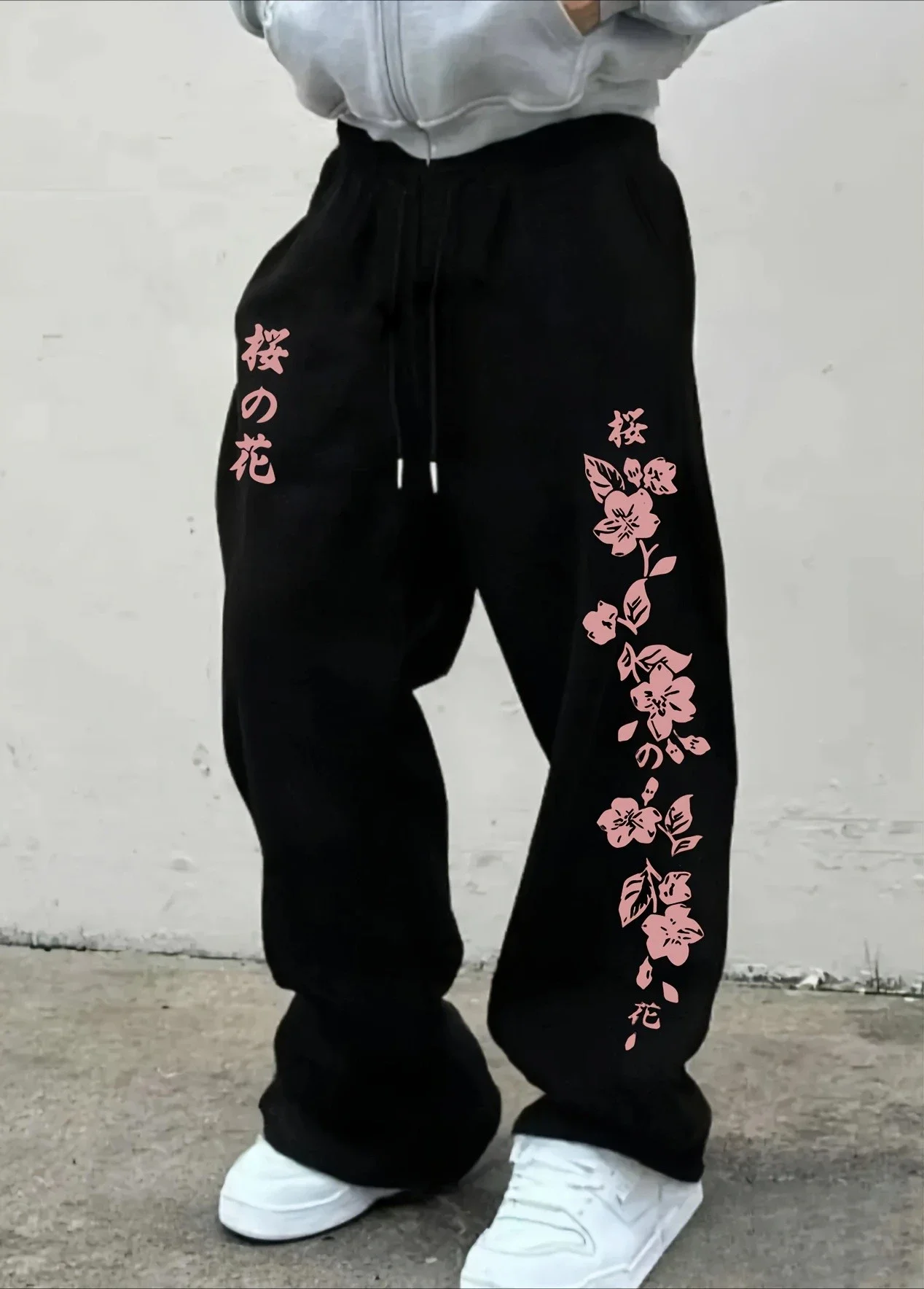 Men's casual sport pants - Cherry blossom printed wide-leg pants - Elastic waist - Suitable for spring,autumn and winter seasons
