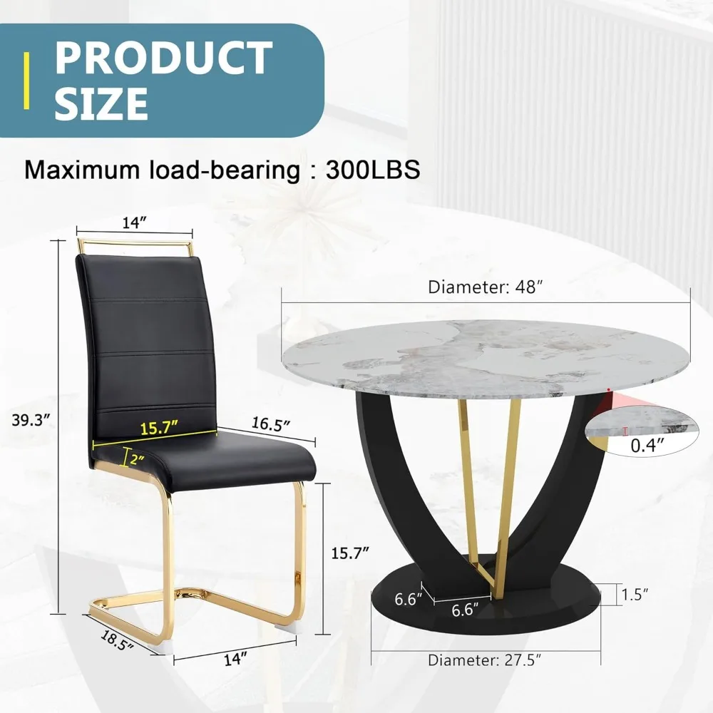 4 sets ronde eettafels van 48 inch met kunstmarmeren tafelblad en 4 stoelen met kussens, moderne keukentafel en stoelen