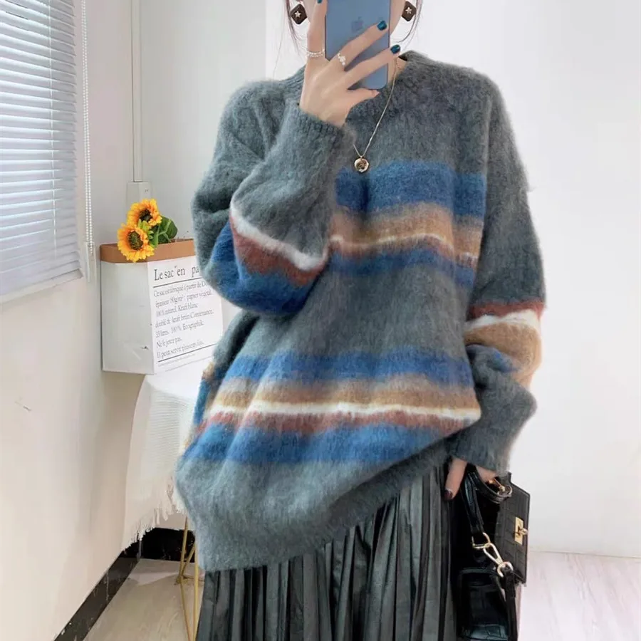 Invierno otoño nueva moda mujer color codificado rayas suelta Casual moda cuello redondo manga larga suéter tejido jerseys Mujer