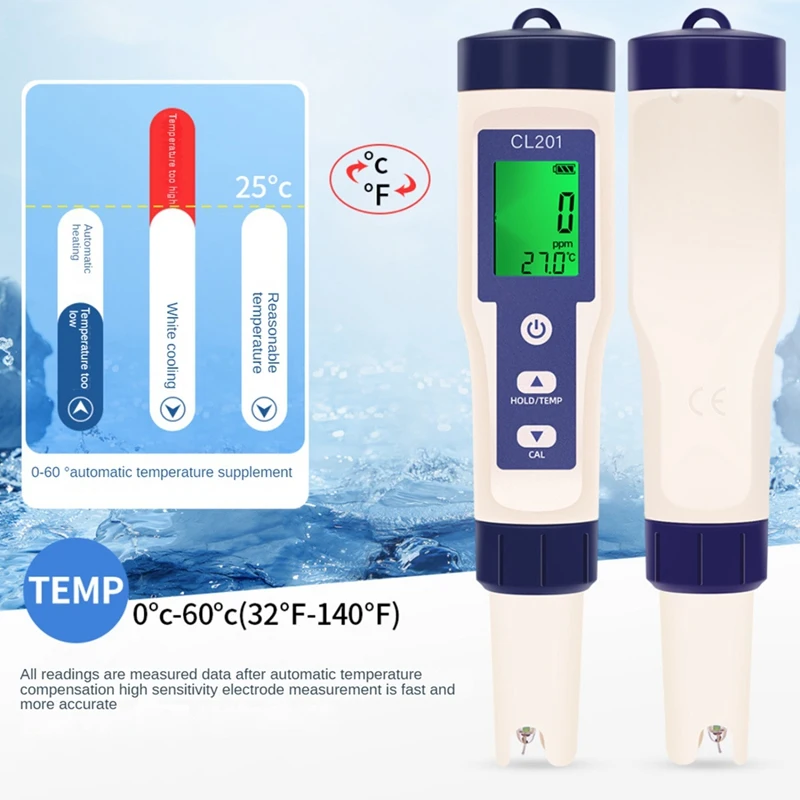 Chlorine Testing Pen 2-In-1 Water Quality Tester Measuring For Aquarium Swimming Pool