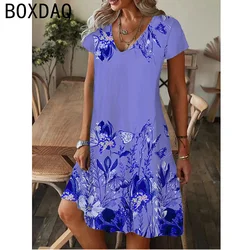Big Size Women Dress Summer Beach Casual A-Line Dress Vintage Boho Floral Print Short Sleeve V-Neck Dress Vestidos