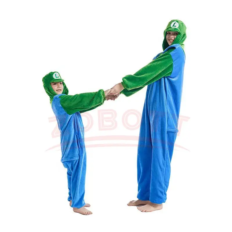 Super Mario Bros Cartoon Children Adult One-piece Pajamas Cute Luigi Homewear Children Warm One-piece Pajamas Christmas Gift